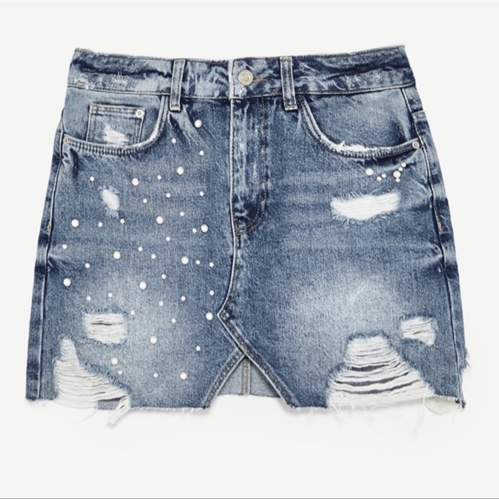 Zara Pearl Embellished Denim Mini Skirt